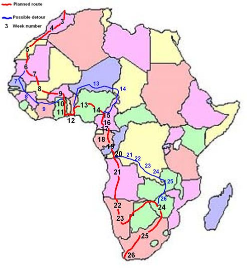 Tour map across Africa